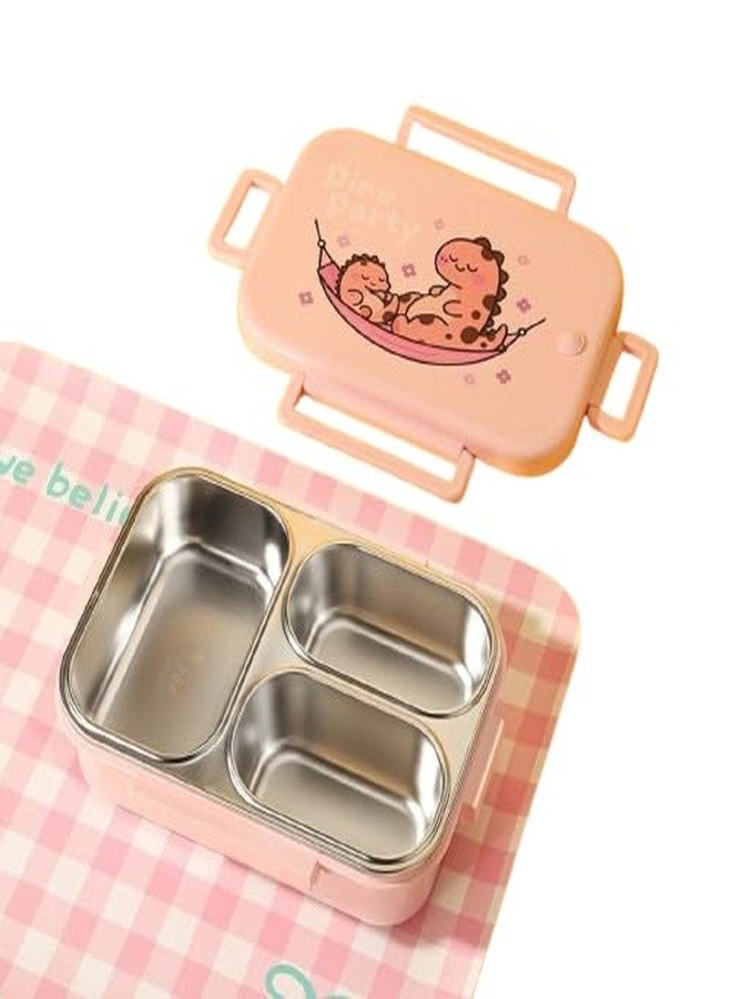 YONIMI Dinosaur Design 3 Compartment Stainless Steel Lunch Box with Spoon BPA Free, Food Grade Ideal for School, Picnic, Office & Outdoor (960ml Pink Color) - Image 1