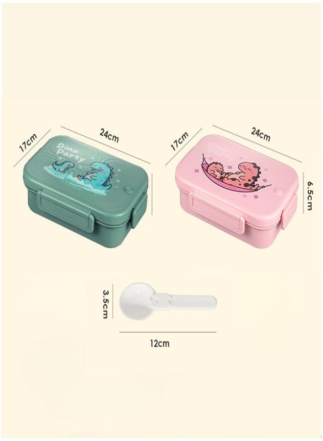 YONIMI Dinosaur Design 3 Compartment Stainless Steel Lunch Box with Spoon BPA Free, Food Grade Ideal for School, Picnic, Office & Outdoor (960ml Pink Color) - Image 2