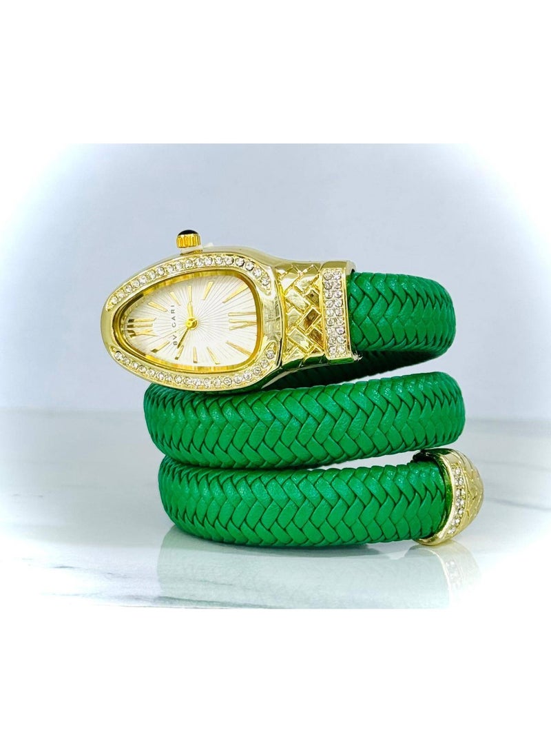 بولغاري ساعة يد حريمي فاخرة أنالوج – سوار حلزوني أخضر بإطار مرصع بالفصوص