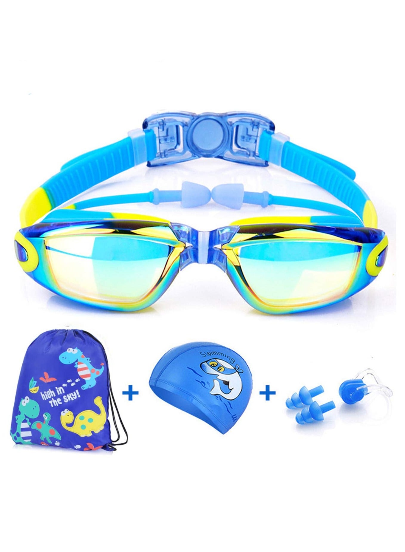 Swim Goggles Set Kids Swimming Goggles for Boys and Girls Adjustable Straps Silicone Eye Seal Leak proof UV Protection and Anti Fog Lenses Swimming Goggles with Ear Plug Nose Clip(Age 4-12) Blue