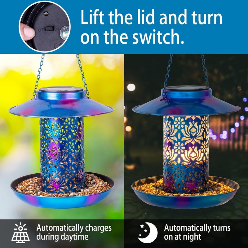 Ottsuls Solar Bird Feeder for Outdoors Hanging Metal Waterproof Outside Wild Bird Feeder Garden Lantern Yard Light Backyard Décor Weather Resistance Gift for Bird Lovers - Image 3