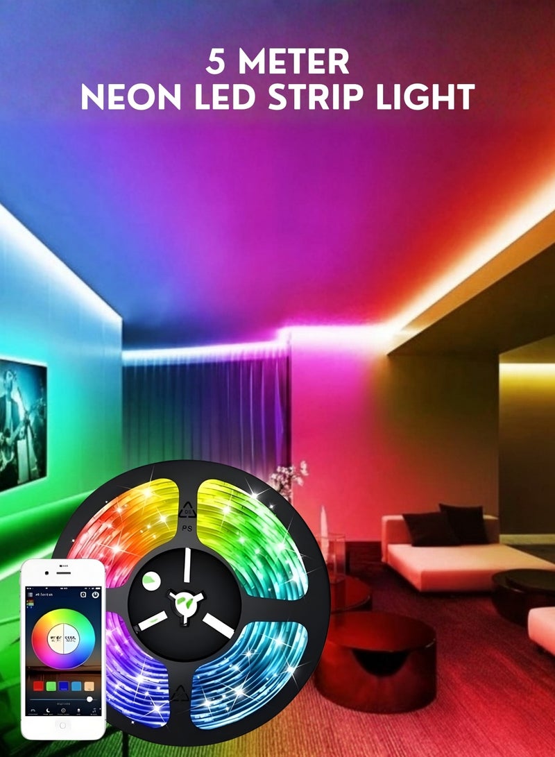 شريط إضاءة نيون LED ذكي بطول 5 أمتار RGB مع تزامن الموسيقى وتحكم عبر التطبيق وجهاز التحكم عن بُعد – شريط مرن للديكور المنزلي، غرفة الألعاب، غرفة النوم وخلفية التلفاز - Image 2