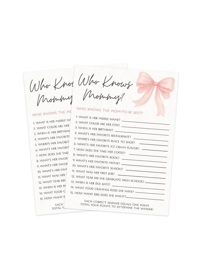 Printed Party Baby Shower Games for Girl – Pink Bow Design, Set of 4 Fun Activities for 30 Guests, Includes Bingo, Emoji Game, Guess Who, and Who Knows Mommy - Image 5