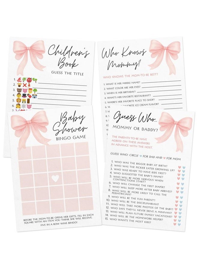 Printed Party Baby Shower Games for Girl – Pink Bow Design, Set of 4 Fun Activities for 30 Guests, Includes Bingo, Emoji Game, Guess Who, and Who Knows Mommy - Image 1