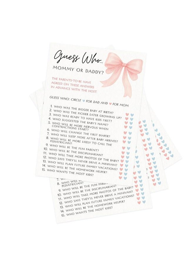 Printed Party Baby Shower Games for Girl – Pink Bow Design, Set of 4 Fun Activities for 30 Guests, Includes Bingo, Emoji Game, Guess Who, and Who Knows Mommy - Image 4