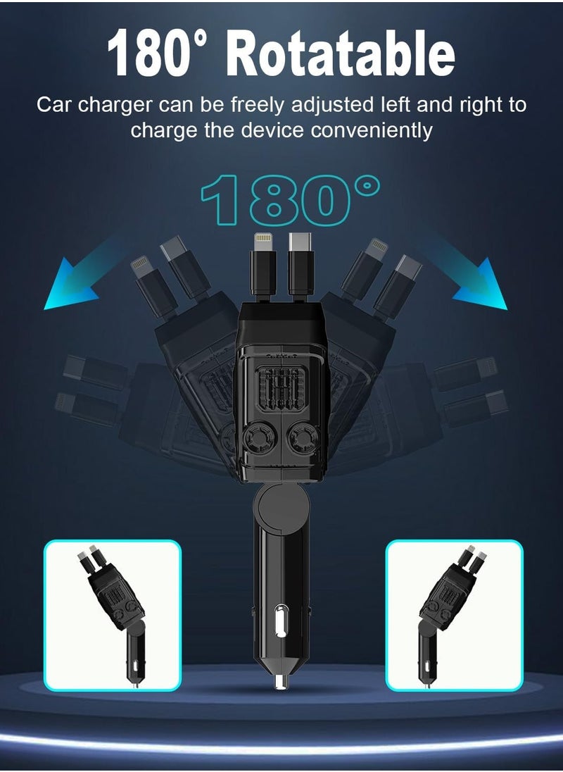 Raxoom Car Charger - Fast Charging 4-in-1 Adapter with Collapsible Lightning & Type C Cables, Dual USB Ports & Voltage Display - Compatible with iPhone, iPad, Galaxy -Powerfull Output  - Image 4