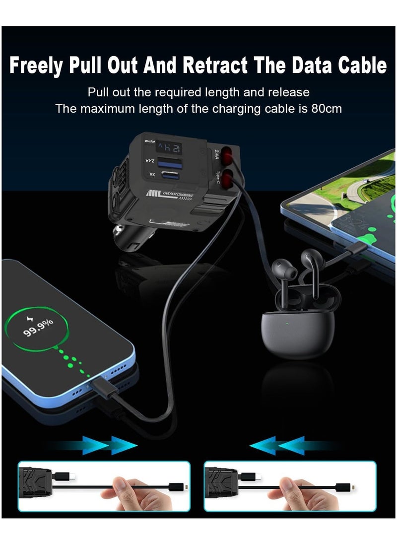 Raxoom Car Charger - Fast Charging 4-in-1 Adapter with Collapsible Lightning & Type C Cables, Dual USB Ports & Voltage Display - Compatible with iPhone, iPad, Galaxy -Powerfull Output  - Image 3
