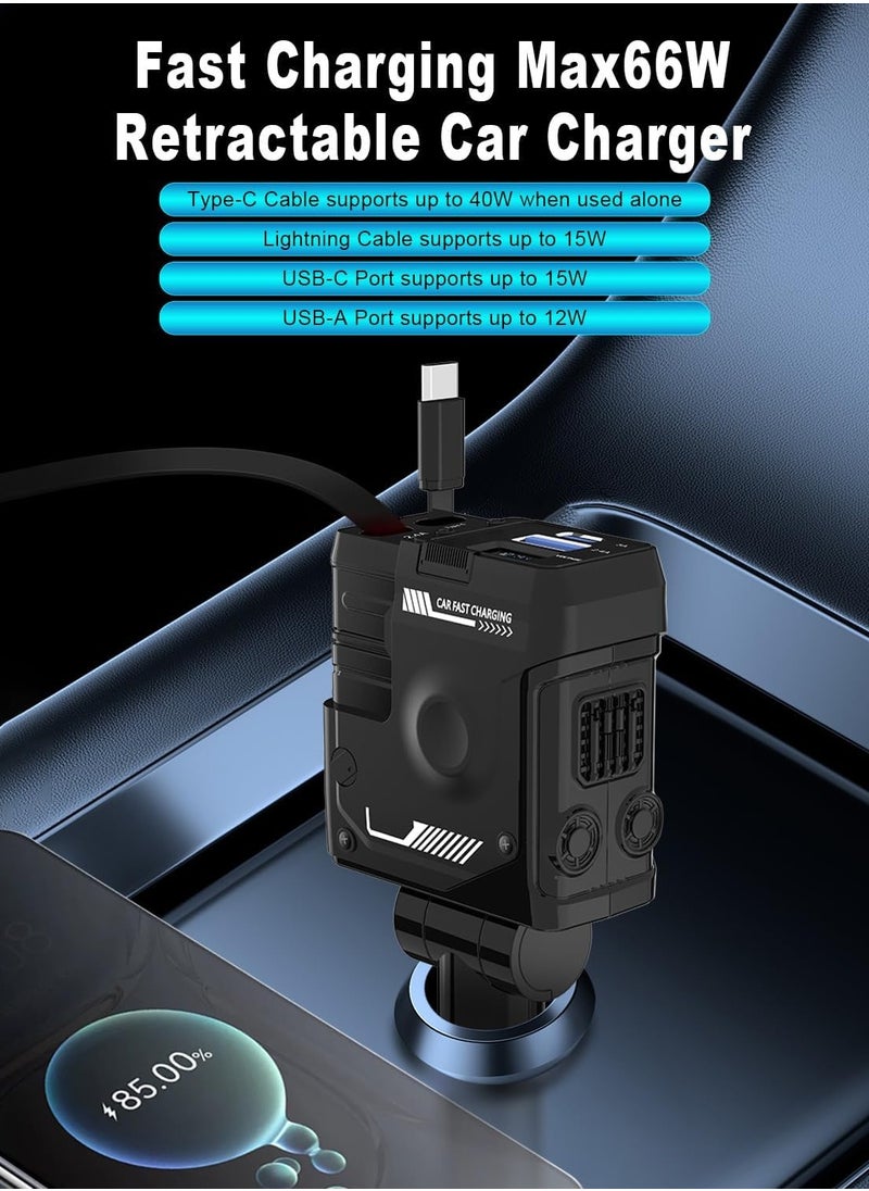 Raxoom Car Charger - Fast Charging 4-in-1 Adapter with Collapsible Lightning & Type C Cables, Dual USB Ports & Voltage Display - Compatible with iPhone, iPad, Galaxy -Powerfull Output  - Image 2