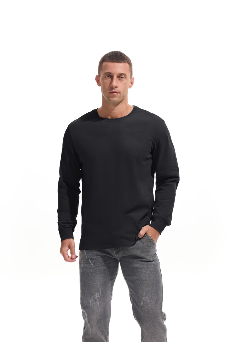 VEIISAR Men's Heavy Weight Crew Neck Long Sleeve T Shirt - Mens 100 Cotton Thick Pre Shrunk Shirts Black XXL - Image 4
