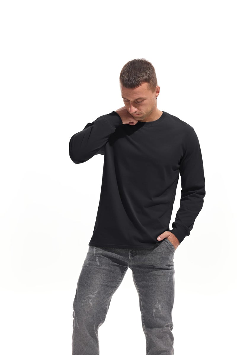VEIISAR Men's Heavy Weight Crew Neck Long Sleeve T Shirt - Mens 100 Cotton Thick Pre Shrunk Shirts Black XXL - Image 3