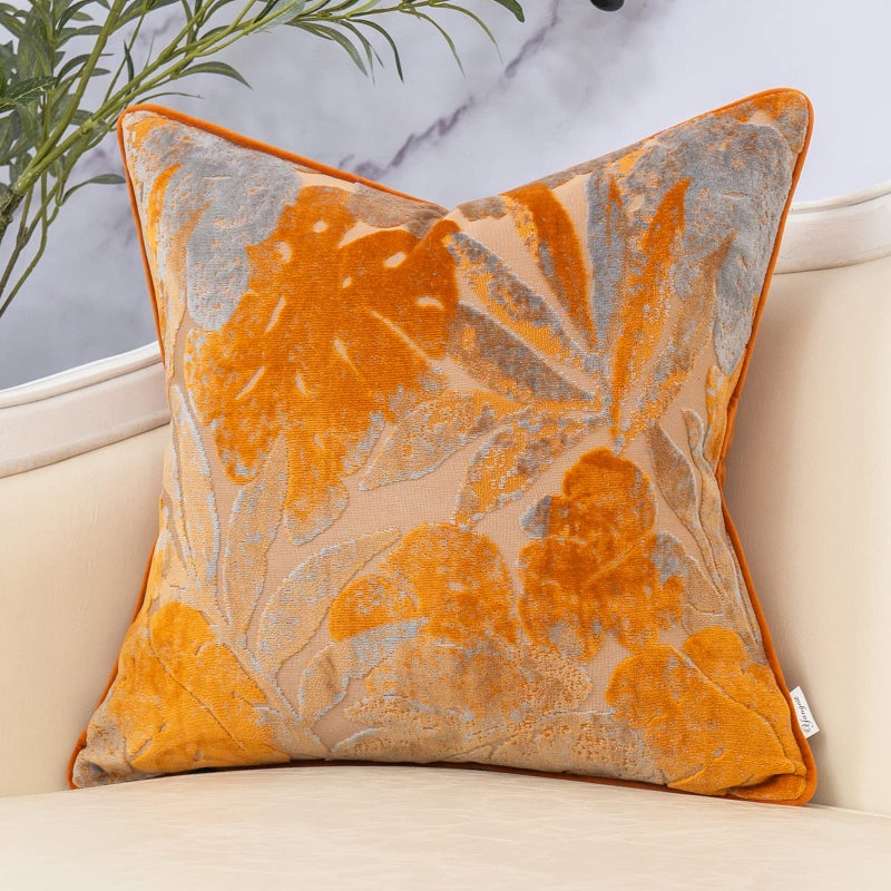 Yangest Orange Leaf Square Pillow Cover Cut Velvet Cushion Cover Luxury Modern Pillowcover for Couch Living Room Bedroom18x18 Inch