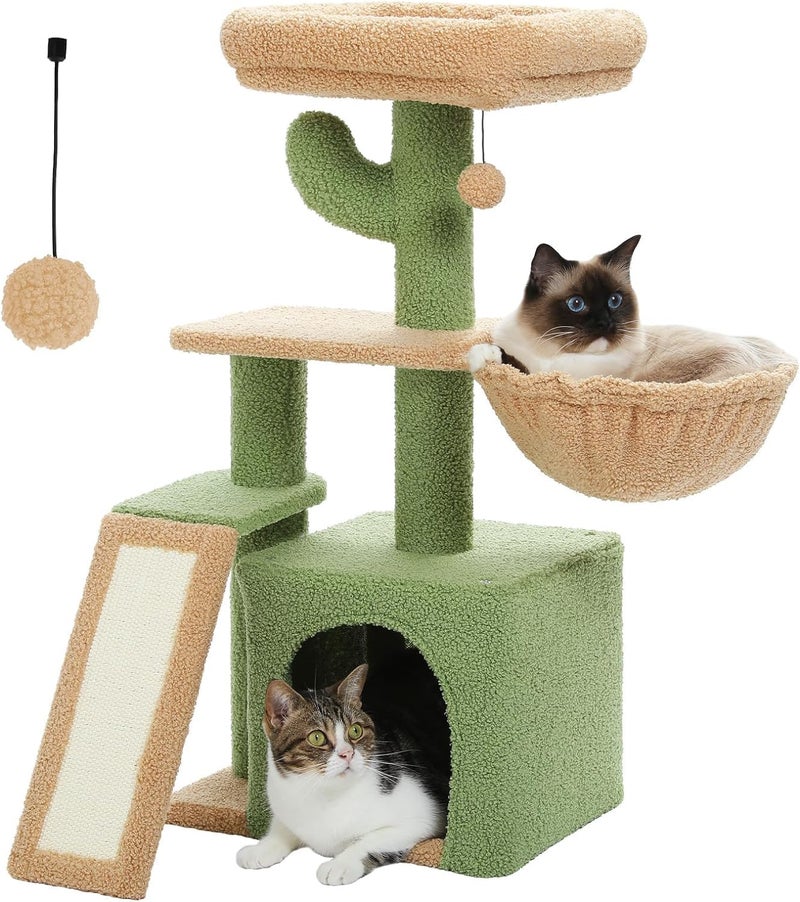 LOYAL RAIN Cactus Cat Tree for Indoor Cats, 80 CM Small Cat Tower Cat Condo with Sisal Scratching Ramp, Cozy Hammock and Removable Top Bed Perch for Kittens, Green 32“ - Image 1