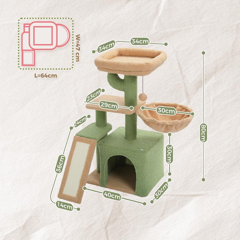 LOYAL RAIN Cactus Cat Tree for Indoor Cats, 80 CM Small Cat Tower Cat Condo with Sisal Scratching Ramp, Cozy Hammock and Removable Top Bed Perch for Kittens, Green 32“ - Image 3