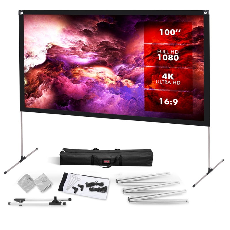 Pyle Projector Screen with Stand 100 169 HD 4K Portable Lightweight Freestanding Foldable Indoor Outdoor Movie Projection Display with Frame for Home Theater