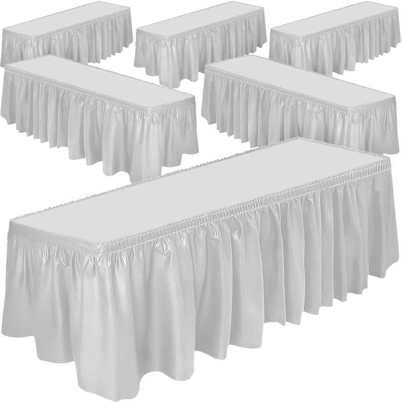 DecorRack 6 Table Skirts 29 in x 14 ft Each Multi Pack BPA Free Plastic Tableskirt Disposable Reusable Rectangular Tablecloth Skirt White 6 Pack