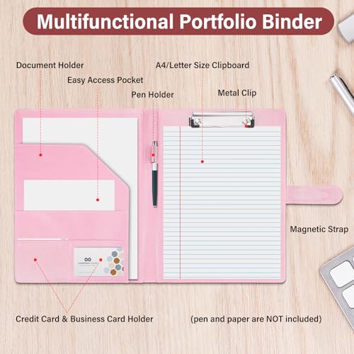 JTTJDB Professional Padfolio, Multi Function Faux Leather Portfolio Binder with Clipboard - Interview Resume Folder, Legal Document, Business Card Holder, for Office, Conference, Interviews (Pink) - Image 3