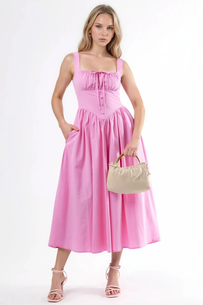 BUSEM Midi Dress with Square Collar and Button Detail
