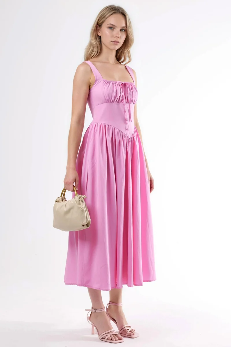 بوسيم BUSEM Midi Dress with Square Collar and Button Detail