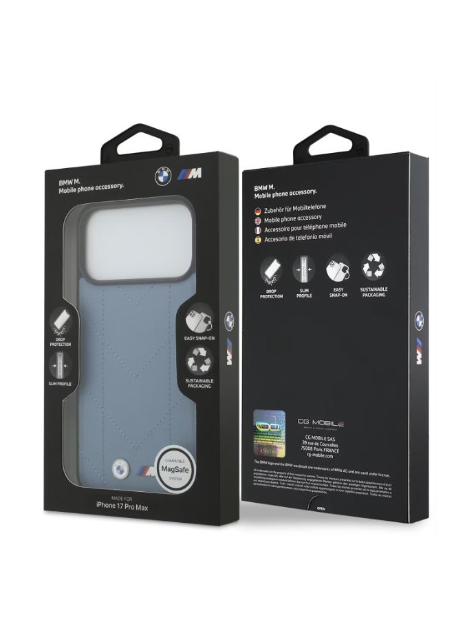 بي إم دبليو جراب BMW MagSafe المصنوع من الجلد المبطن المصنوع من مادة البولي يوريثان مع شعارات معدنية لهاتف iPhone 17 Pro، تصميم رفيع وسهل التركيب، تغليف مستدام، حماية من السقوط - أزرق - Image 1