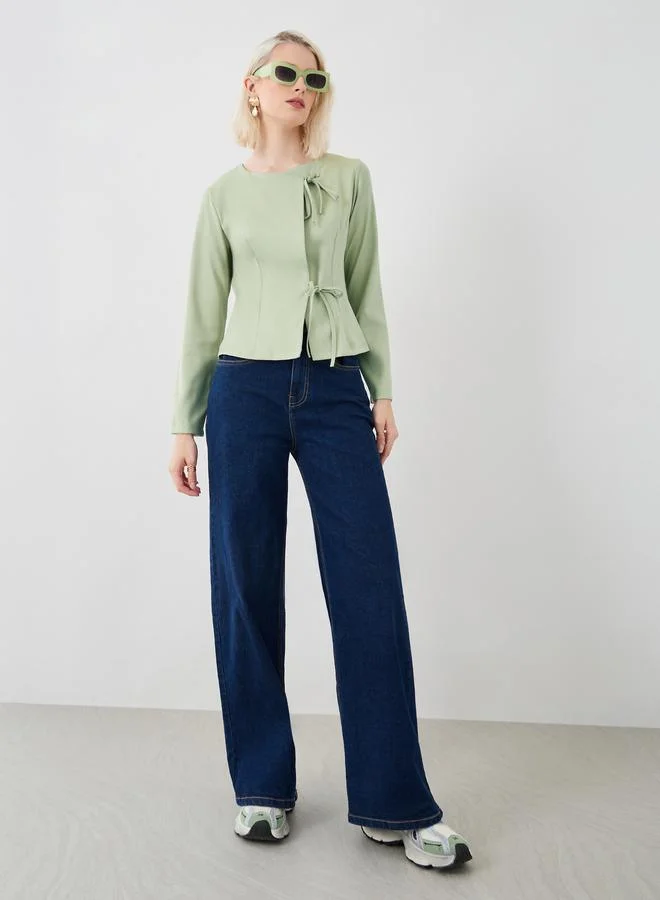 تايك تو Take Two Solid Long Sleeves Blouse with Tie-Up Detail