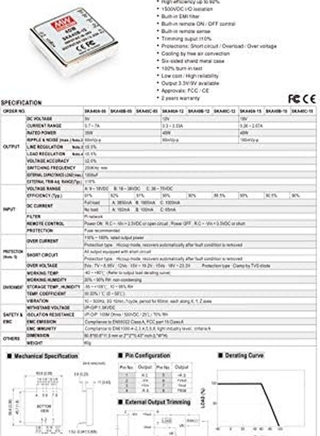 Mean Well SKA40A 15 DC to DC Converter Switching Regulator Module 40A - Image 3