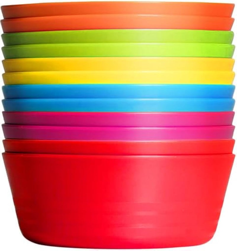 PLASKIDY Kids Plastic Bowls Set of 12  10 Ounce Microwave  Dishwasher Safe BPA Free Non Toxic Toddler Bowls in 6 Bright Colors for Cereal Soup Snack