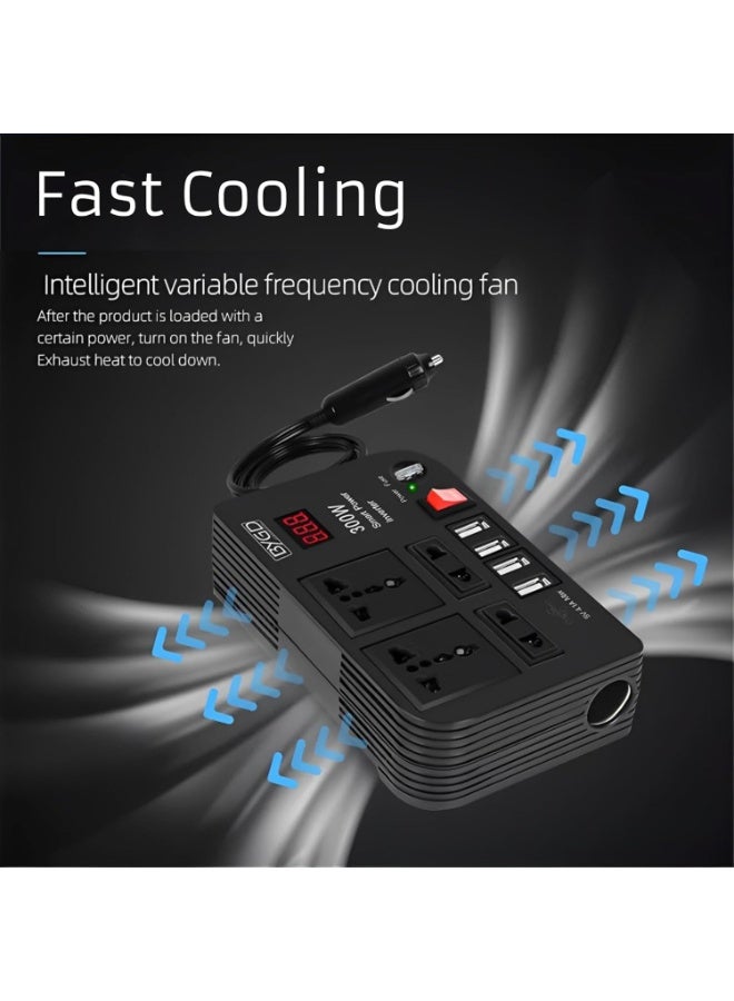 BYGD 300W Car Power Inverter DC 12V to 220V AC Converter with LED Display, 4 USB Ports & 4 AC Outlets – Portable Fast Charging Adapter for Laptops, Phones, Tablets, Vehicles & Emergency Use - Image 3