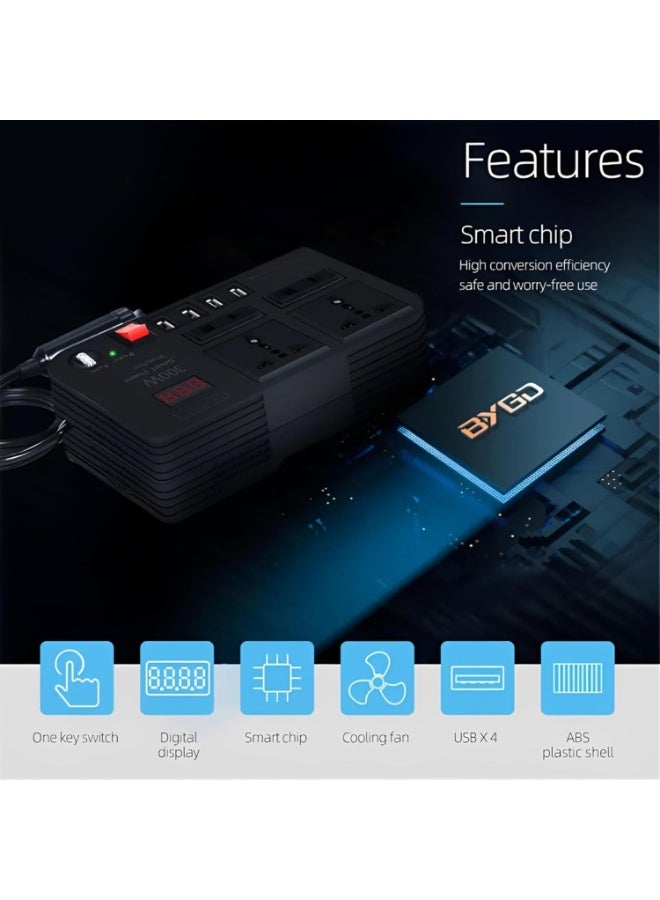 BYGD 300W Car Power Inverter DC 12V to 220V AC Converter with LED Display, 4 USB Ports & 4 AC Outlets – Portable Fast Charging Adapter for Laptops, Phones, Tablets, Vehicles & Emergency Use - Image 4