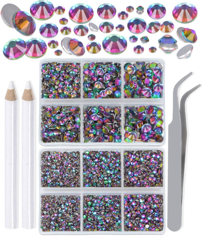 LPBeads 6000 Pieces Green Volcano Non Hotfix Rhinestones 6 Sizes Round Crystal Glass Flat Back Rhinestones with Tweezers and Picking Pen for Nail Art Crafts Clothes Bags DIY