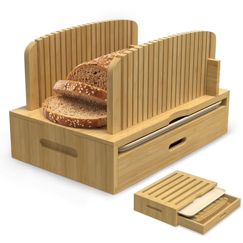 LOHASOK Bamboo Bread Slicer Guide: Bread Cutter for Homemade Bread Loaf - Adjustable and Foldable with Crumb Tray - Image 1