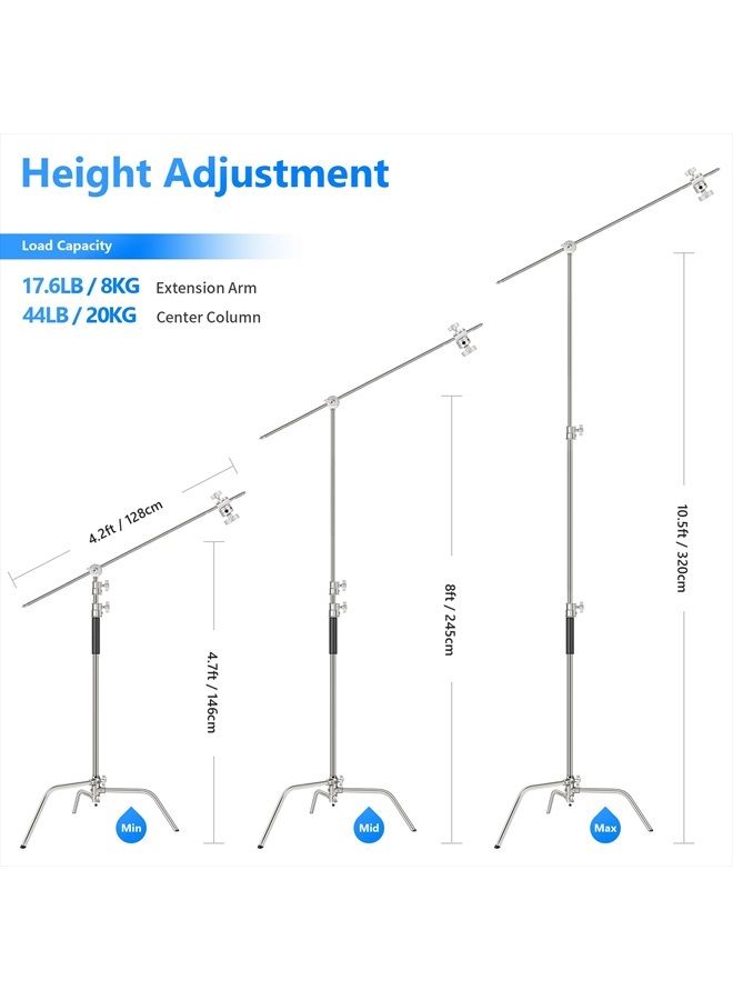 NEEWER Pro 100% Stainless Steel Heavy Duty C Stand with Boom Arm, Max Height 10.5ft/320cm Photography Light Stand with 4.2ft/128cm Holding Arm, 2 Grip Head for Studio Monolight, Softbox, Reflector - Image 2