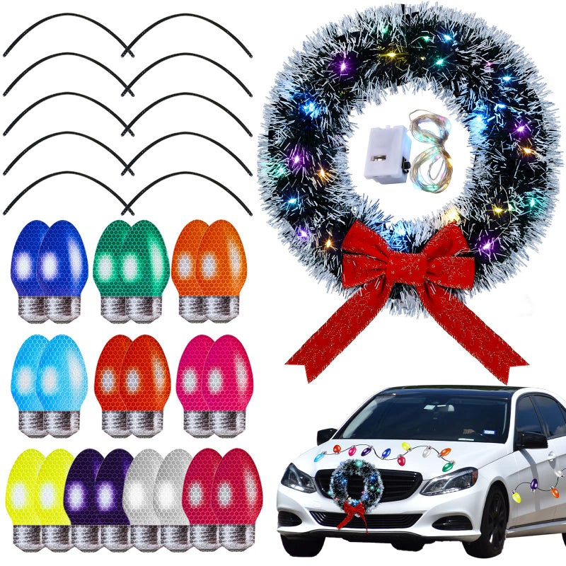Frienda Christmas Car Wreath Magnetic Decorations Set with Artificial Car Wreath LED Light Reflective Bulb Light Shaped Car Magnets and Magnet Wires for Xmas Winter Party Car Garage Mailbox Decor Frosted - Image 2