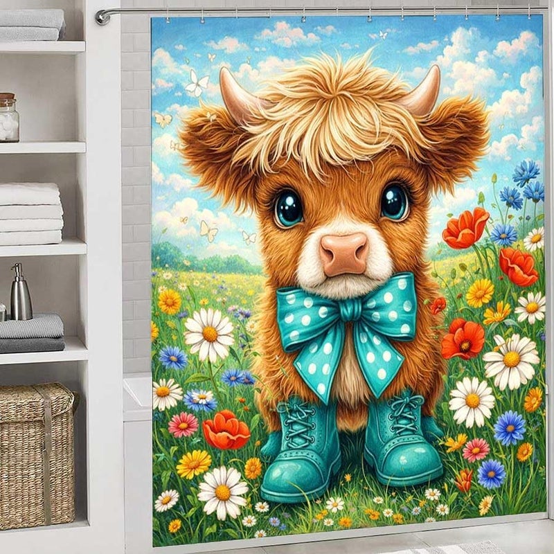 Cute Cow in Boots and Bow tie Stands in Flower fieldShower Curtain for Bathroom Waterproof Tan Shower Curtain with Hooks 71 inch x 71 inch - Image 2