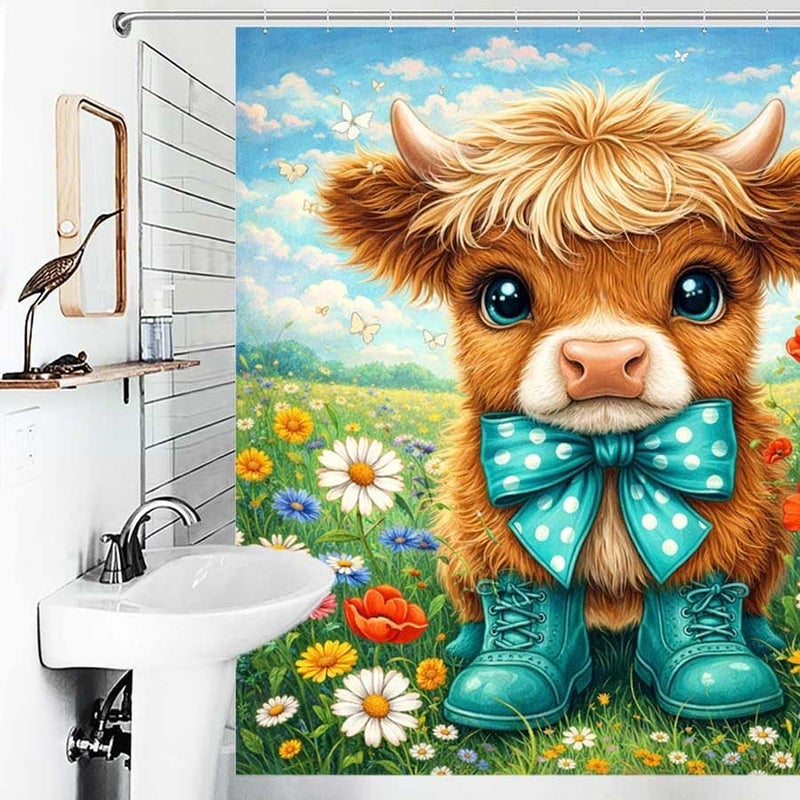 Cute Cow in Boots and Bow tie Stands in Flower fieldShower Curtain for Bathroom Waterproof Tan Shower Curtain with Hooks 71 inch x 71 inch - Image 4