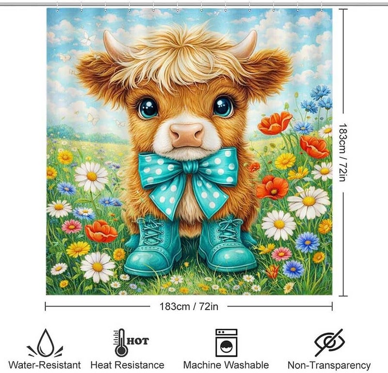 Cute Cow in Boots and Bow tie Stands in Flower fieldShower Curtain for Bathroom Waterproof Tan Shower Curtain with Hooks 71 inch x 71 inch - Image 3