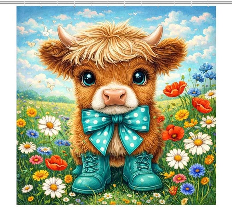 Cute Cow in Boots and Bow tie Stands in Flower fieldShower Curtain for Bathroom Waterproof Tan Shower Curtain with Hooks 71 inch x 71 inch - Image 1