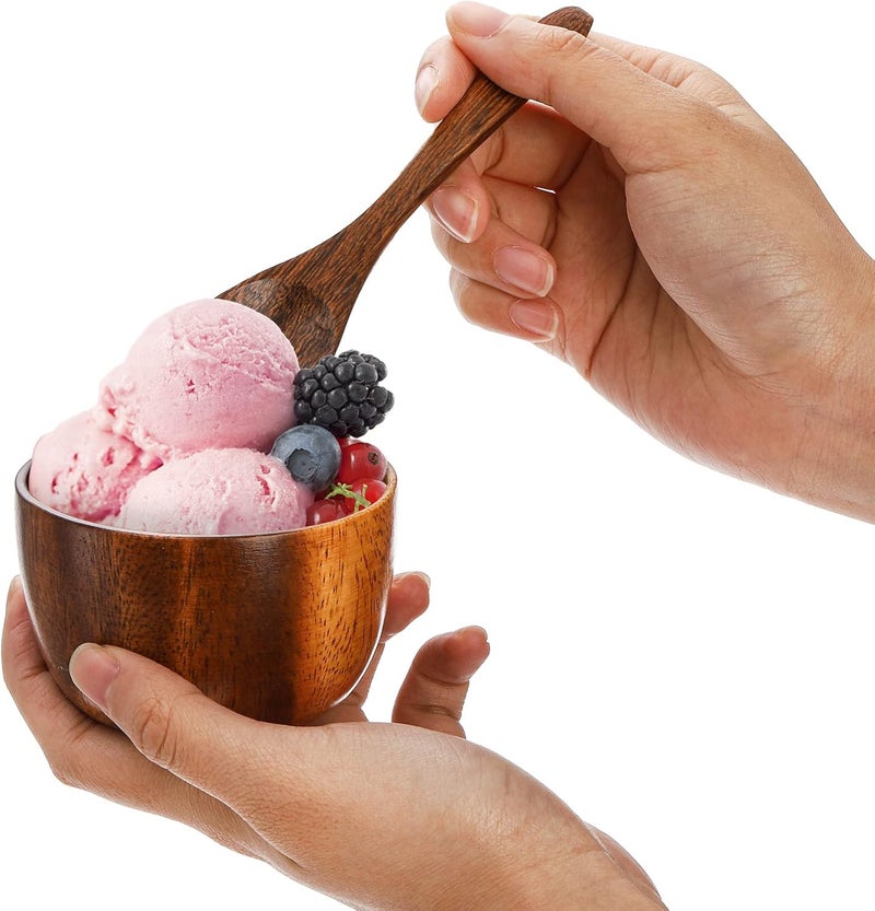 Lyellfe Set of 4 Acacia Wooden Bowl 4 Oz Dipping Sauce Bowl with Spoon 3 Inch Small Charcuterie Dish Soup Water Cup for Condiments Jam Nuts Appetizer Snack Yogurt - Image 4