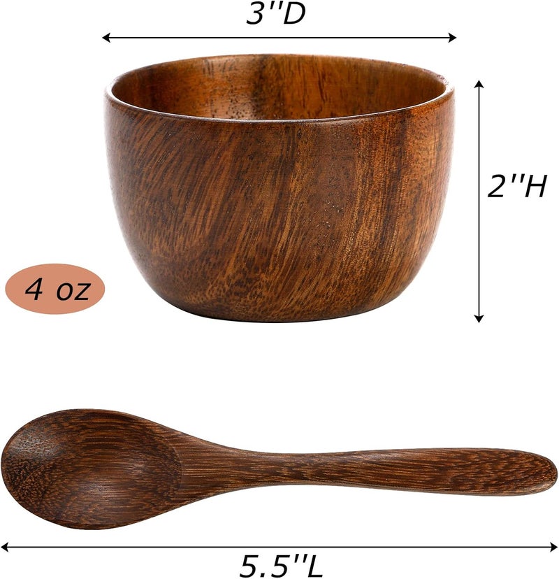 Lyellfe Set of 4 Acacia Wooden Bowl 4 Oz Dipping Sauce Bowl with Spoon 3 Inch Small Charcuterie Dish Soup Water Cup for Condiments Jam Nuts Appetizer Snack Yogurt - Image 2