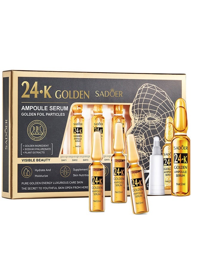 SADOER 24K Golden Ampoule Serum, Anti Aging 24K Gold Serum for Face, Moisturizes & Soothes Skin, Boosts Firmness & Hydration, Golden Foil Particles Reduces Fine Lines, Wrinkles, Dryness 14PCS Of 2Boxes - Image 1