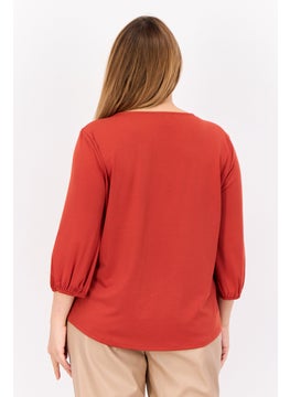 Cable & Gauge Women V-Neck Long Sleeve Chain Cut Out Blouse, Rust  - Image 2