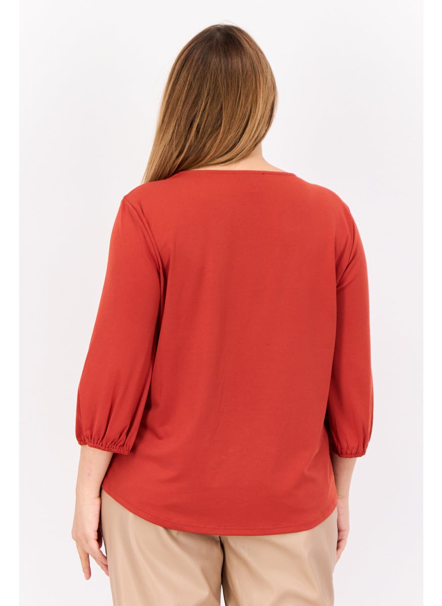 Cable & Gauge - Women V-Neck Long Sleeve Chain Cut Out Blouse, Rust - Image 1