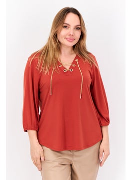 Cable & Gauge Women V-Neck Long Sleeve Chain Cut Out Blouse, Rust  - Image 1