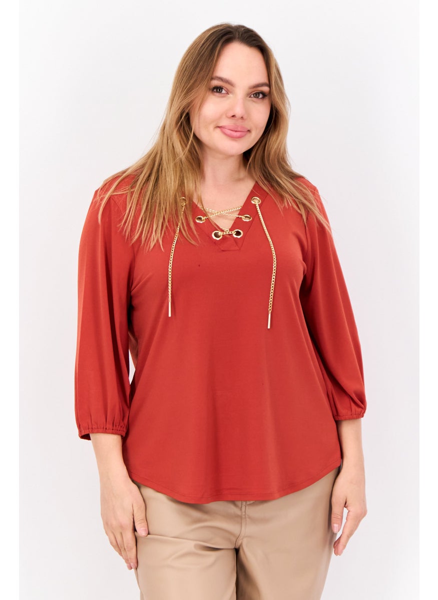 Cable & Gauge - Women V-Neck Long Sleeve Chain Cut Out Blouse, Rust - Image 1