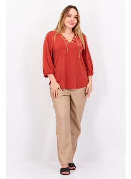 Cable & Gauge Women V-Neck Long Sleeve Chain Cut Out Blouse, Rust  - Image 3