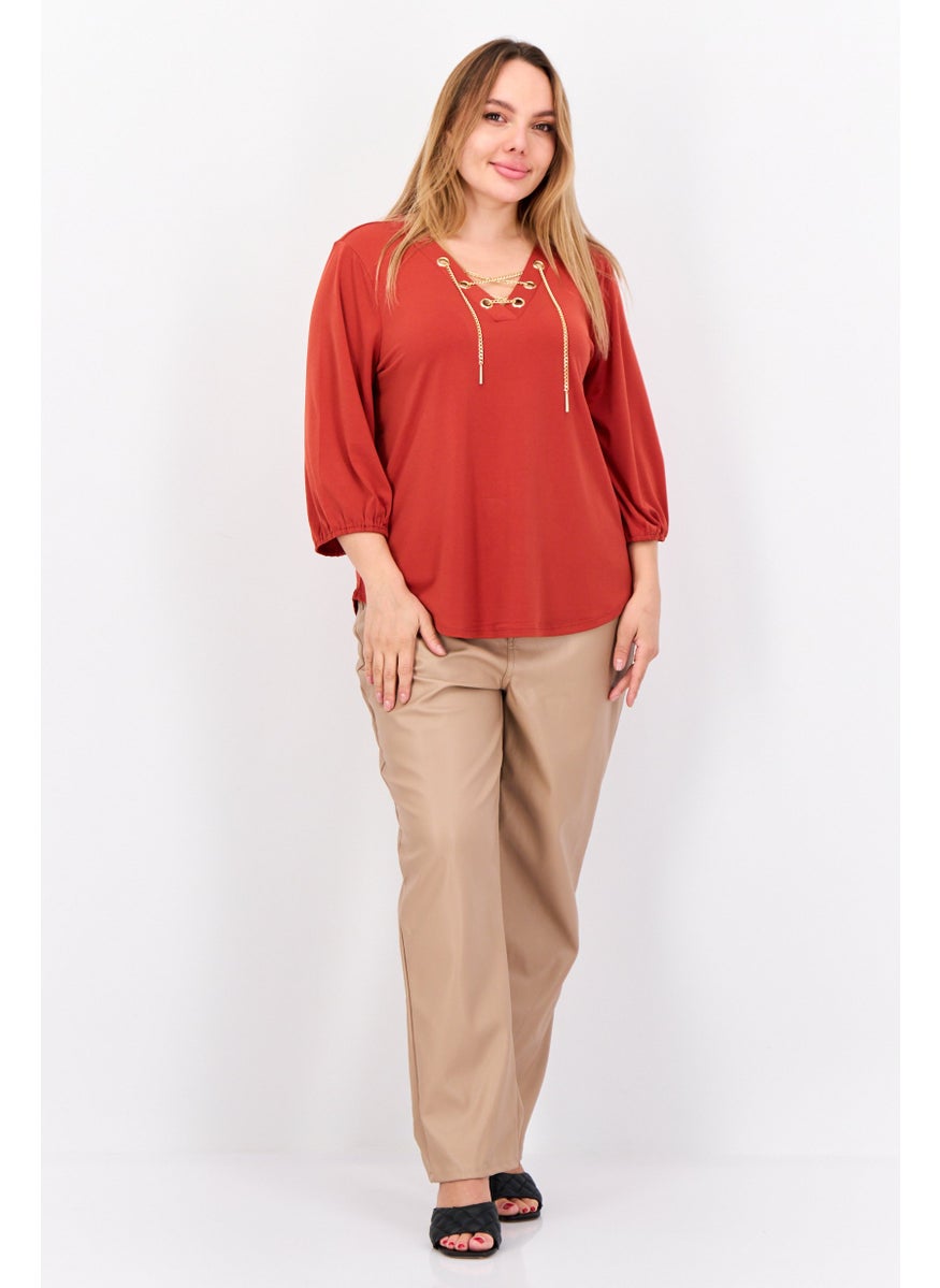 Cable & Gauge - Women V-Neck Long Sleeve Chain Cut Out Blouse, Rust - Image 1