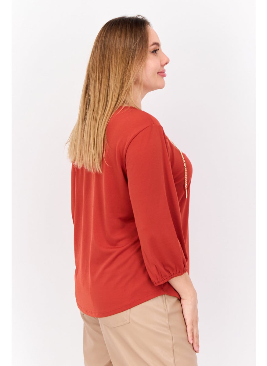 Cable & Gauge - Women V-Neck Long Sleeve Chain Cut Out Blouse, Rust - Image 1