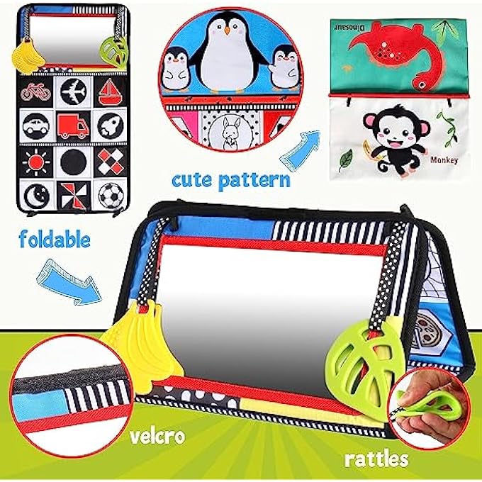 BABY TOYS 0-6 MONTHS TUMMY TIME MIRRORE,FOLDABLE INFANT MIRROR TOYS BLACK AND WHITE DOUBLE HIGH CONTRAST 3D ACTIVITY MONTESSORI SENSORY TOYS FOR INFANT NEWBORN BABY - Image 2