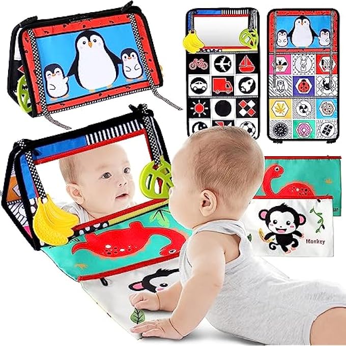 BABY TOYS 0-6 MONTHS TUMMY TIME MIRRORE,FOLDABLE INFANT MIRROR TOYS BLACK AND WHITE DOUBLE HIGH CONTRAST 3D ACTIVITY MONTESSORI SENSORY TOYS FOR INFANT NEWBORN BABY - Image 1
