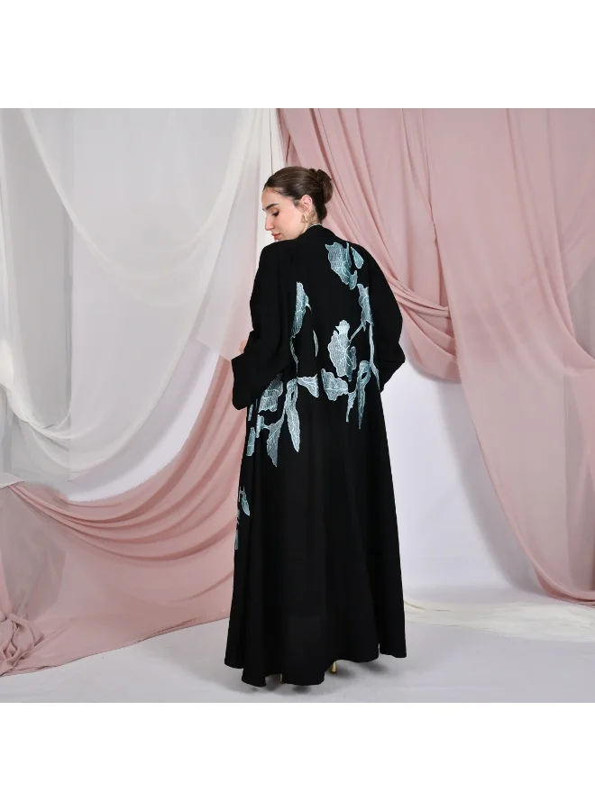 HAWRAA ABAYA Black wrap abaya, half-cloche, with blue embroidery all over the abaya