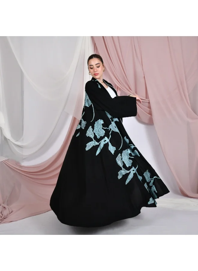 HAWRAA ABAYA Black wrap abaya, half-cloche, with blue embroidery all over the abaya